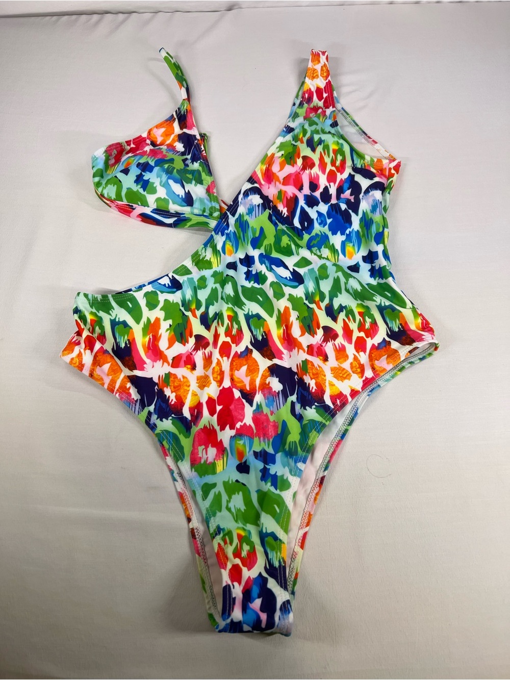 One-Shoulder Multicolor Floral One-Piece Swimsuit - Green/Blue Accent